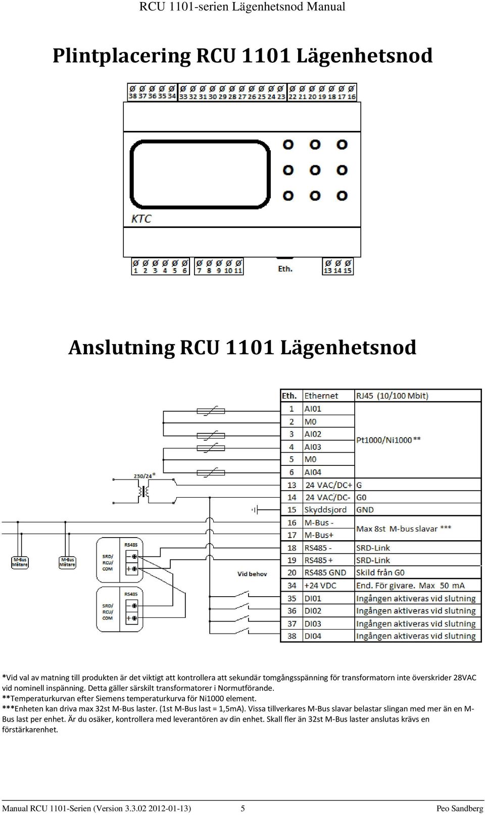 **Temperaturkurvan efter Siemens temperaturkurva för Ni1000 element. ***Enheten kan driva max 32st M-Bus laster. (1st M-Bus last = 1,5mA).