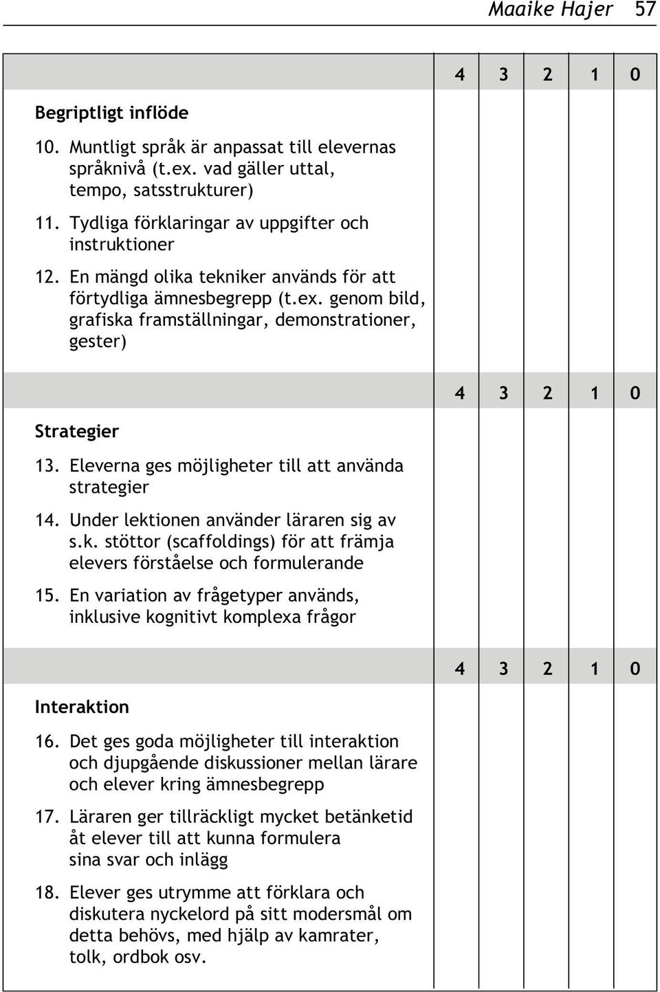 genom bild, grafiska framställningar, demonstrationer, gester) 4 3 2 1 0 Strategier 13. Eleverna ges möjligheter till att använda strategier 14. Under lektionen använder läraren sig av s.k. stöttor (scaffoldings) för att främja elevers förståelse och formulerande 15.