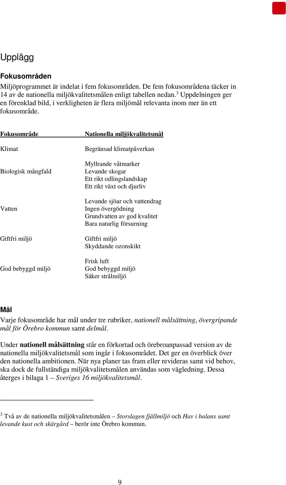 Fokusområde Klimat Biologisk mångfald Vatten Nationella miljökvalitetsmål Myllrande våtmarker Levande skogar Ett rikt odlingslandskap Ett rikt växt och djurliv Ingen övergödning Grundvatten av god