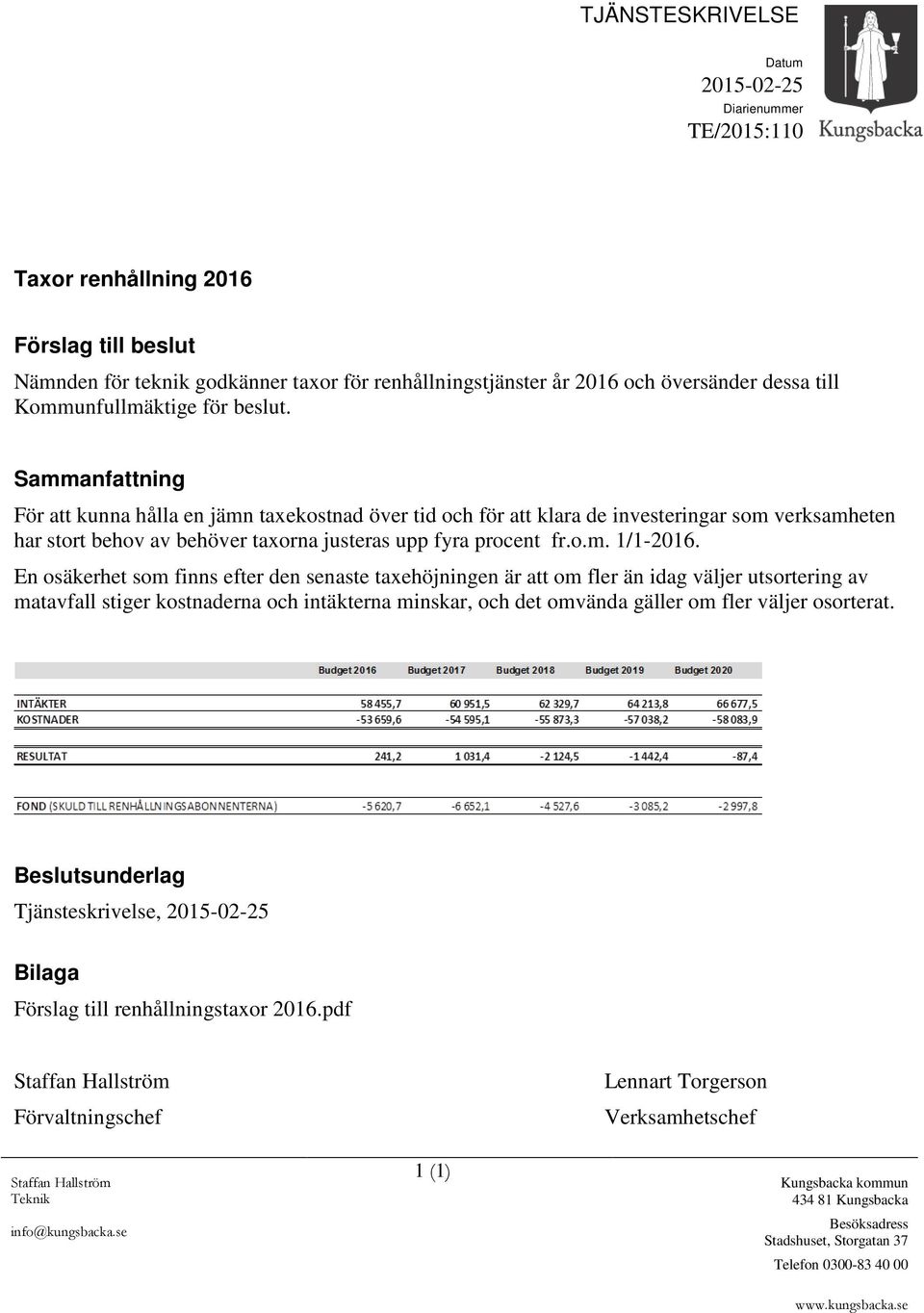 Sammanfattning För att kunna hålla en jämn taxekostnad över tid och för att klara de investeringar som verksamheten har stort behov av behöver taxorna justeras upp fyra procent fr.o.m. 1/1-2016.