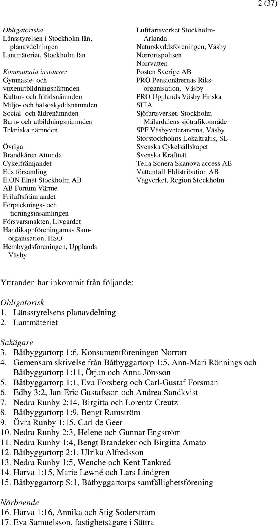 ON Elnät Stockholm AB AB Fortum Värme Friluftsfrämjandet Förpacknings- och tidningsinsamlingen Försvarsmakten, Livgardet Handikappföreningarnas Samorganisation, HSO Hembygdsföreningen, Upplands Väsby