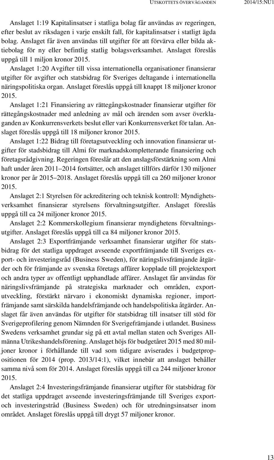 Anslaget 1:20 Avgifter till vissa internationella organisationer finansierar utgifter för avgifter och statsbidrag för Sveriges deltagande i internationella näringspolitiska organ.