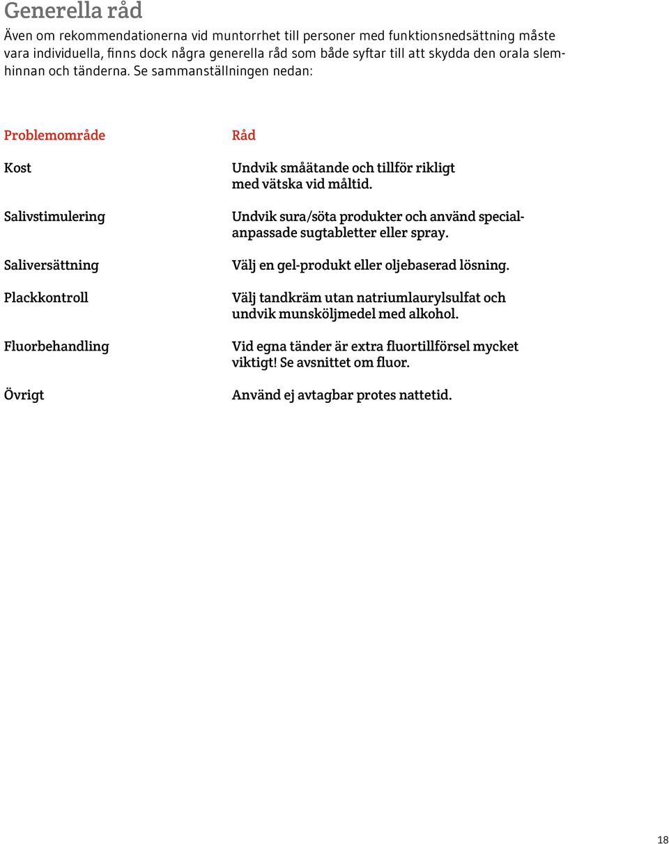 Se sammanställningen nedan: Problemområde Kost Salivstimulering Saliversättning Plackkontroll Fluorbehandling Övrigt Råd Undvik småätande och tillför rikligt med vätska vid måltid.
