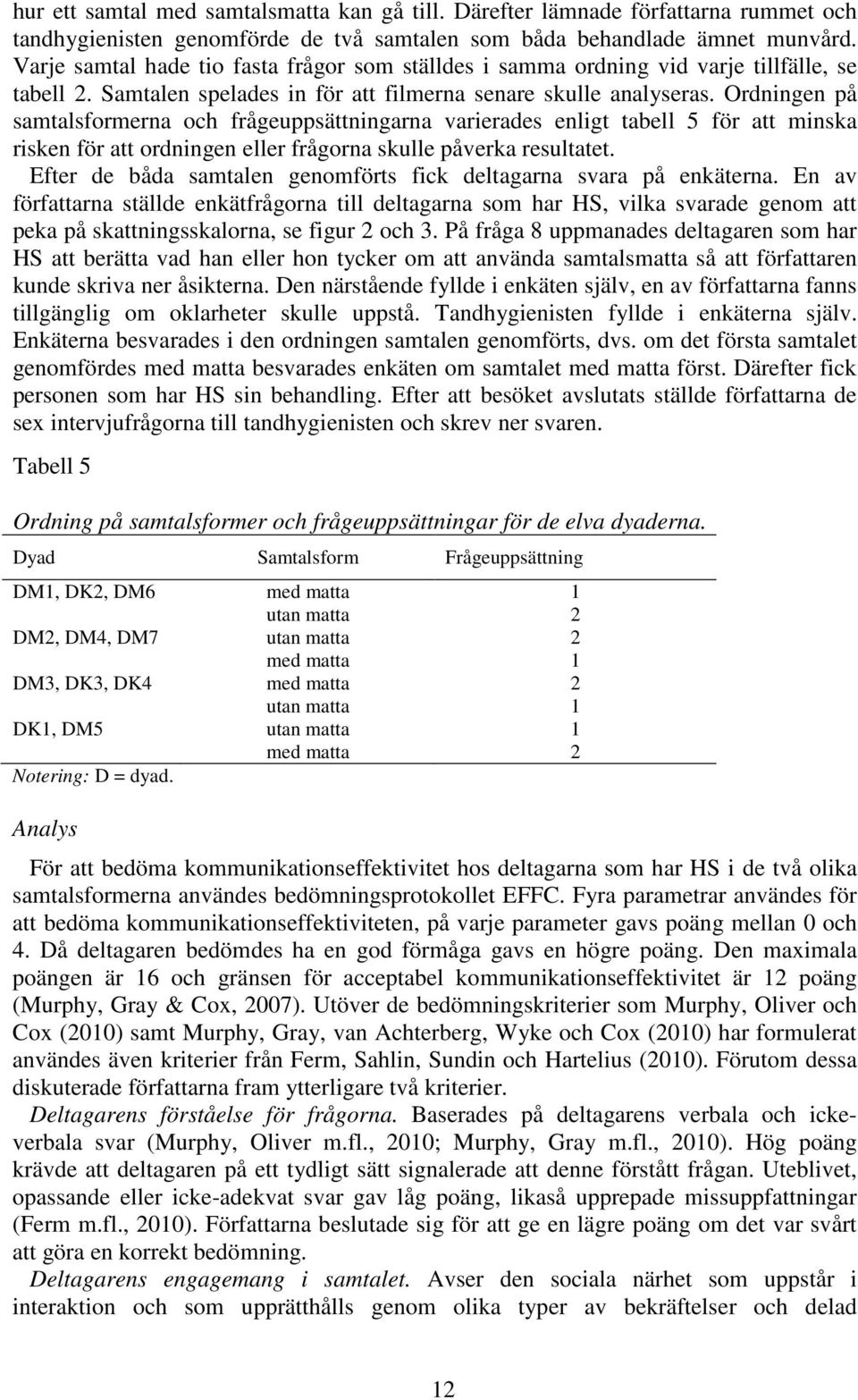 Ordningen på samtalsformerna och frågeuppsättningarna varierades enligt tabell 5 för att minska risken för att ordningen eller frågorna skulle påverka resultatet.