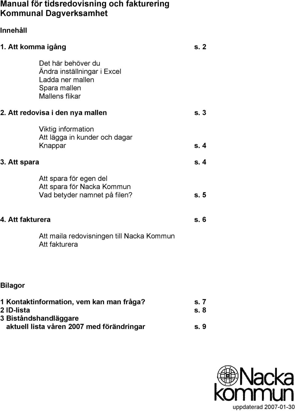 3 Viktig information Att lägga in kunder och dagar Knappar s. 4 3. Att spara s.