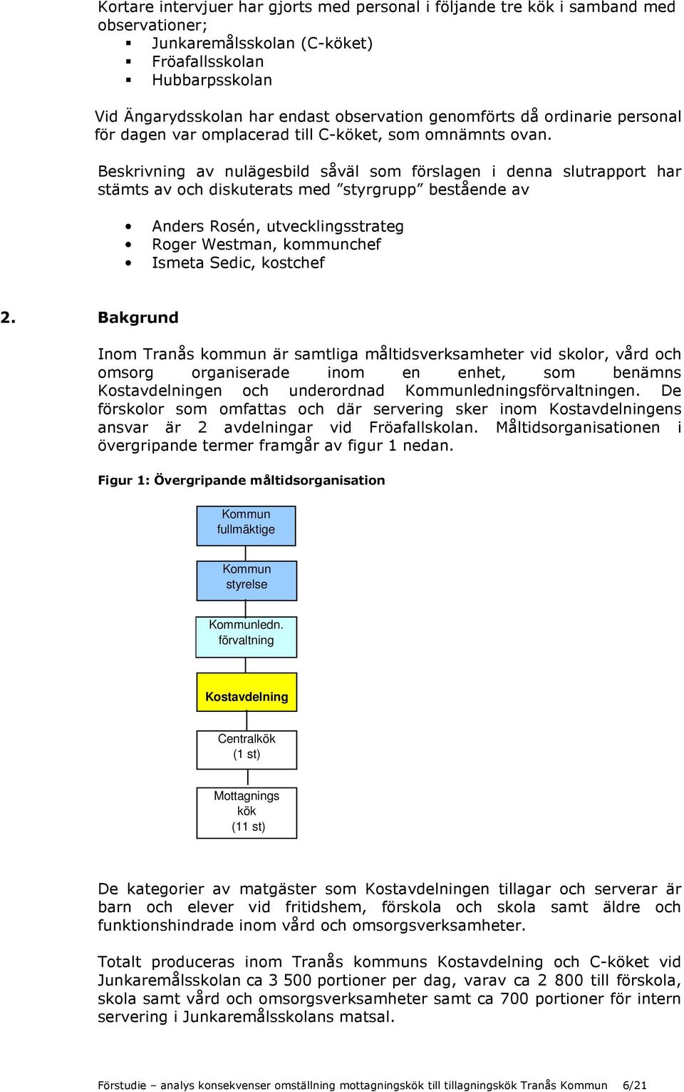 Beskrivning av nulägesbild såväl som förslagen i denna slutrapport har stämts av och diskuterats med styrgrupp bestående av Anders Rosén, utvecklingsstrateg Roger Westman, kommunchef Ismeta Sedic,