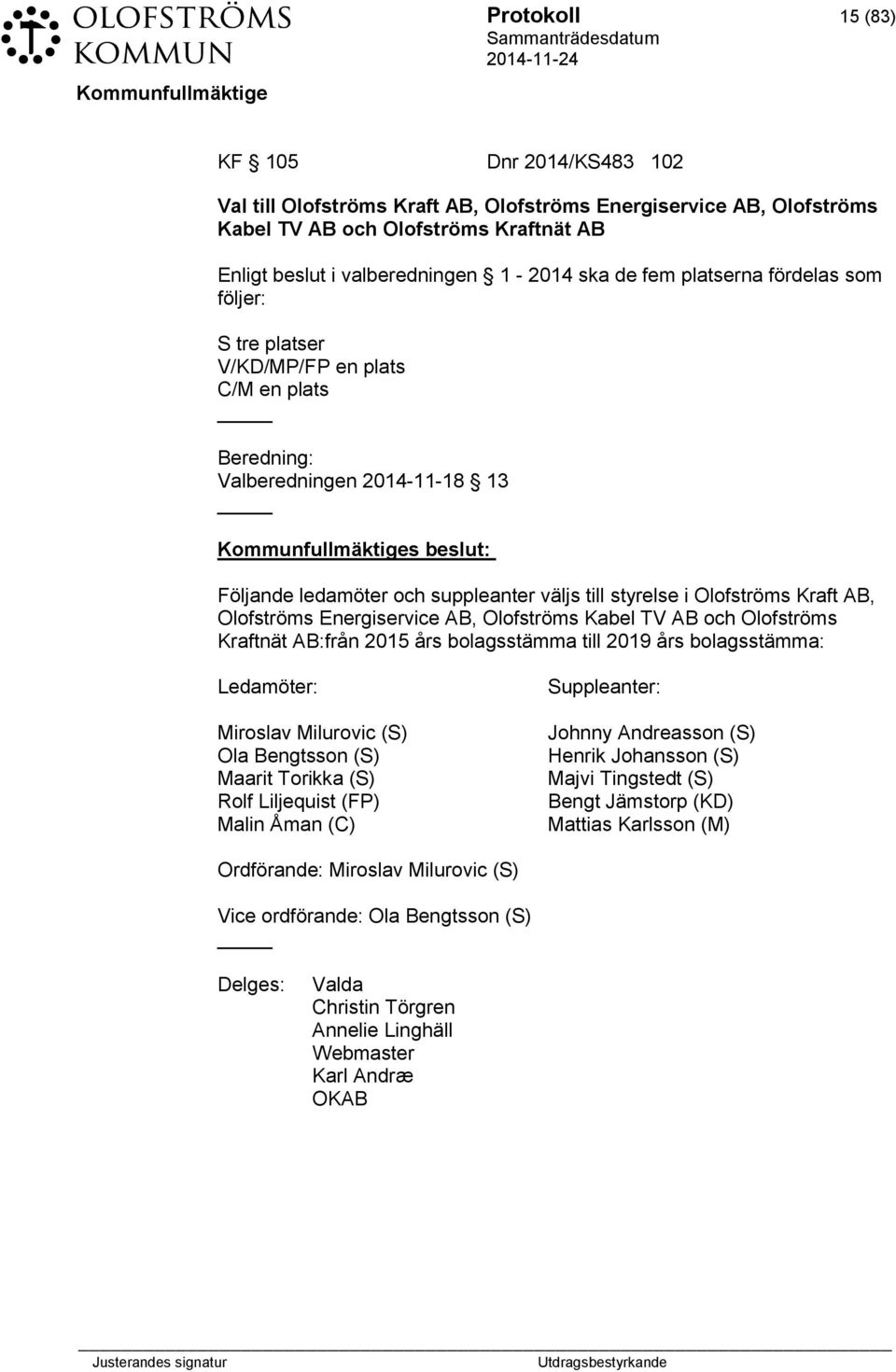 Olofströms Energiservice AB, Olofströms Kabel TV AB och Olofströms Kraftnät AB:från 2015 års bolagsstämma till 2019 års bolagsstämma: Ledamöter: Miroslav Milurovic (S) Ola Bengtsson (S) Maarit