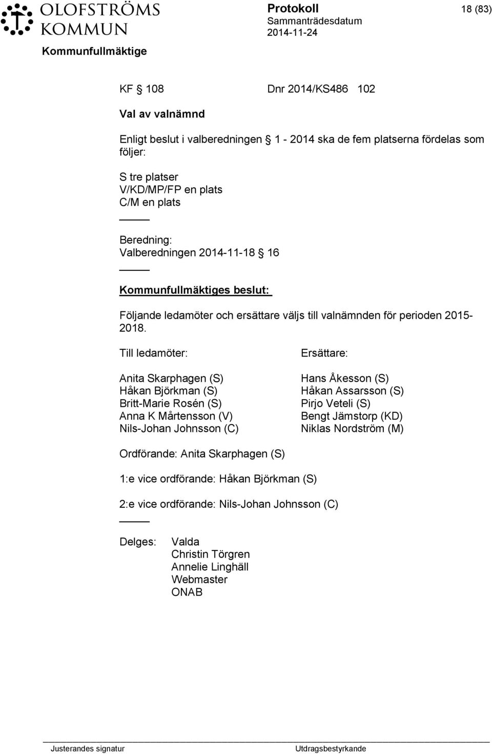 Till ledamöter: Anita Skarphagen (S) Håkan Björkman (S) Britt-Marie Rosén (S) Anna K Mårtensson (V) Nils-Johan Johnsson (C) Ersättare: Hans Åkesson (S) Håkan Assarsson (S)