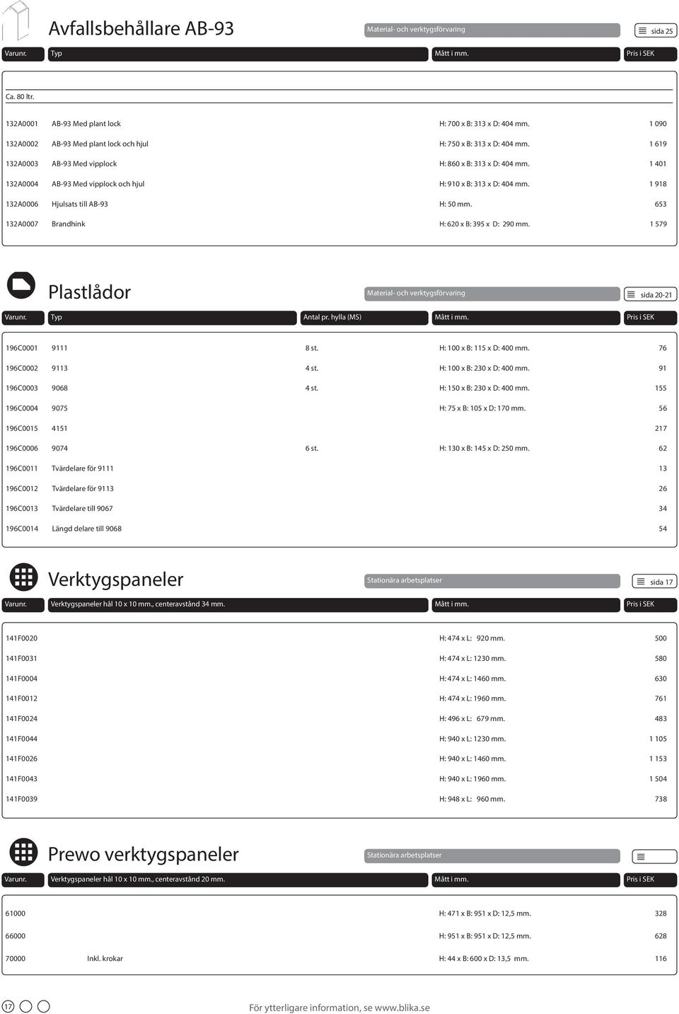 1 401 132A0004 AB-93 Med vipplock och hjul H: 910 x B: 313 x D: 404 mm. 1 918 132A0006 Hjulsats till AB-93 H: 50 mm. 653 132A0007 Brandhink H: 620 x B: 395 x D: 290 mm.