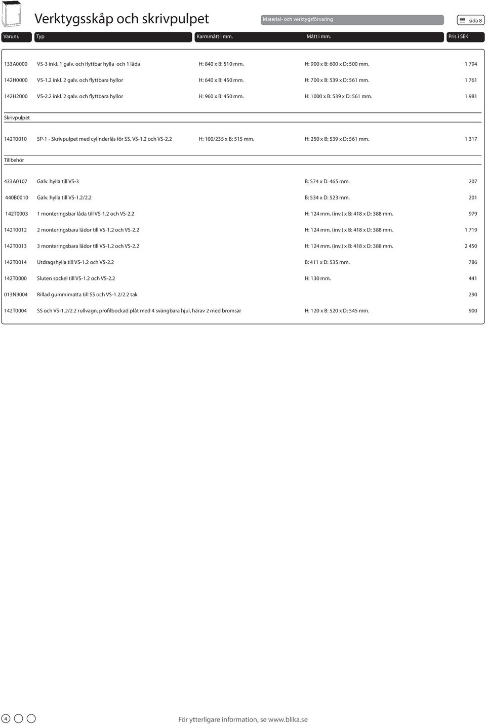 H: 1000 x B: 539 x D: 561 mm. 1 981 Skrivpulpet 142T0010 SP-1 - Skrivpulpet med cylinderlås för SS, VS-1.2 och VS-2.2 H: 100/235 x B: 515 mm. H: 250 x B: 539 x D: 561 mm.