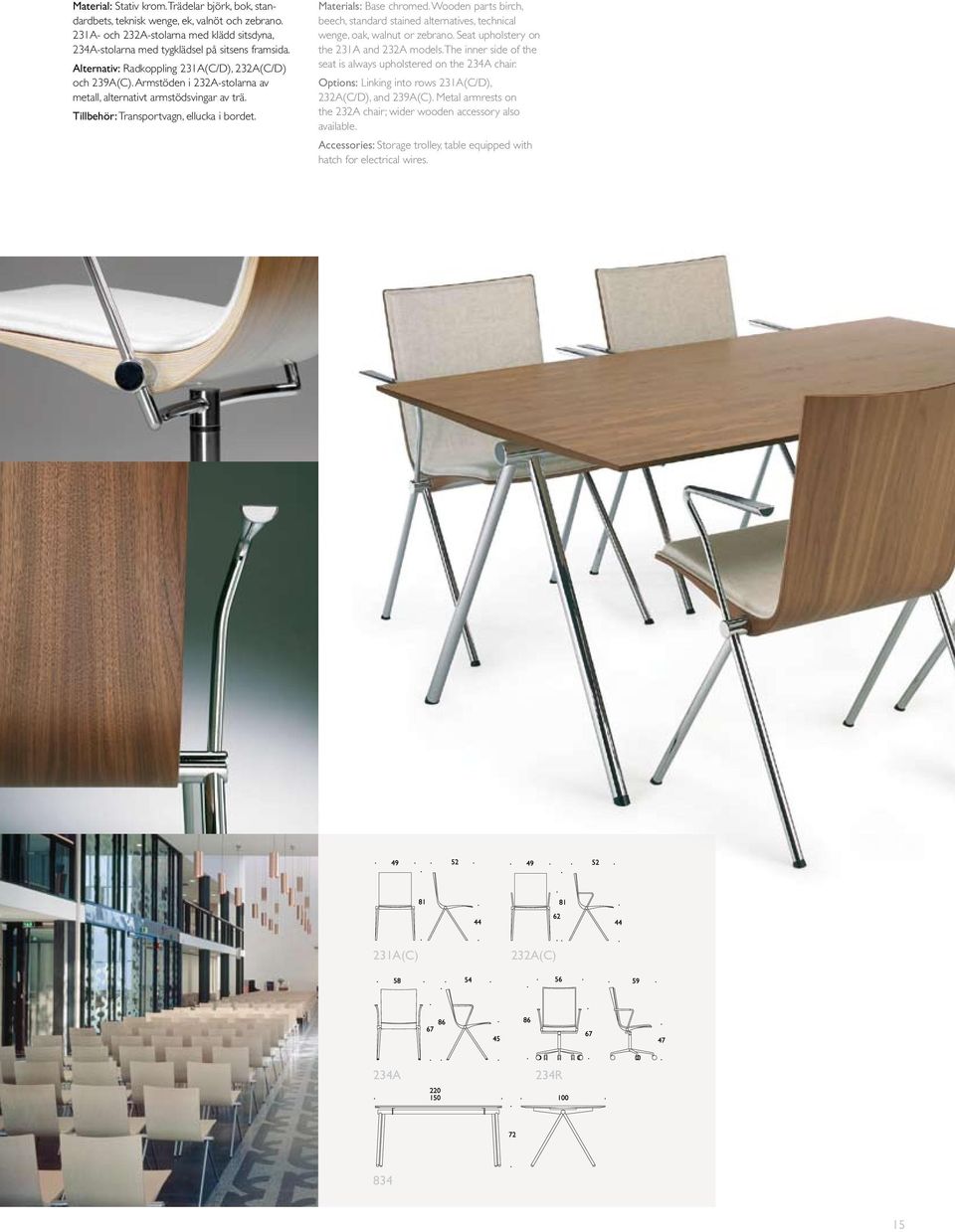 Wooden parts birch, beech, standard stained alternatives, technical wenge, oak, walnut or zebrano. Seat upholstery on the 231A and 232A models.