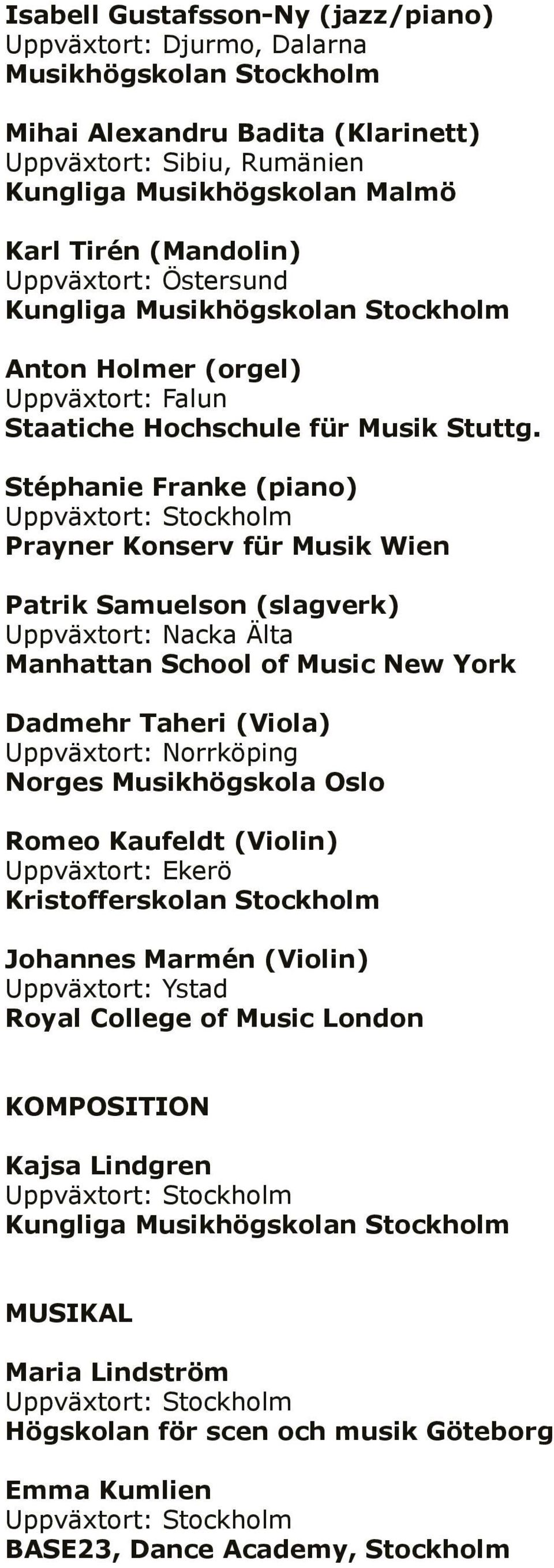 Stéphanie Franke (piano) Prayner Konserv für Musik Wien Patrik Samuelson (slagverk) Uppväxtort: Nacka Älta Manhattan School of Music New York Dadmehr Taheri (Viola) Uppväxtort: Norrköping Norges