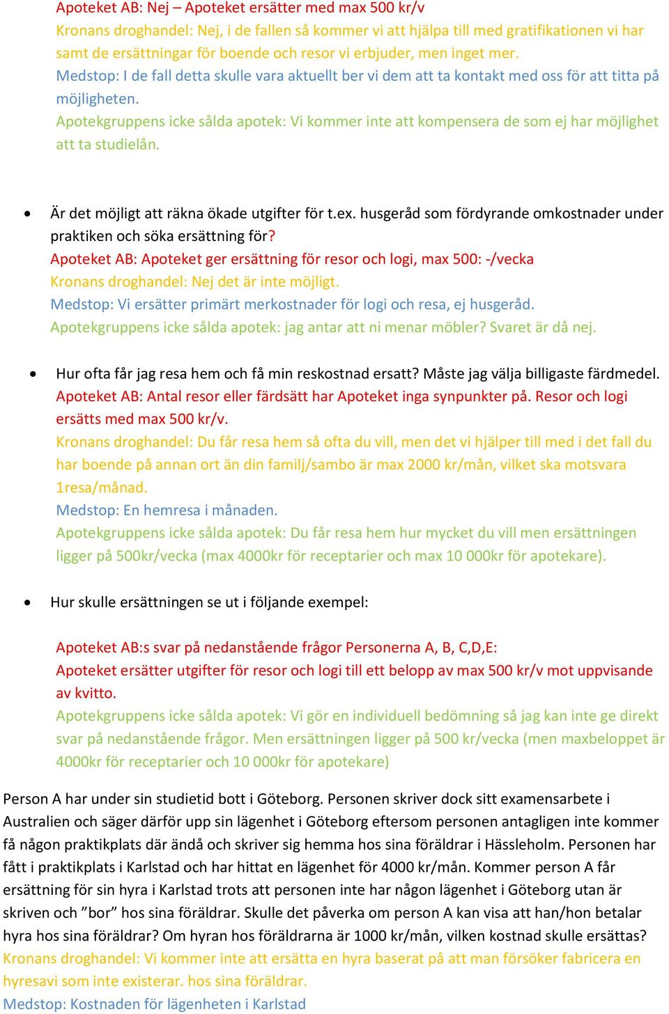 Apotekgruppens icke sålda apotek: Vi kommer inte att kompensera de som ej har möjlighet att ta studielån. Är det möjligt att räkna ökade utgifter för t.ex.