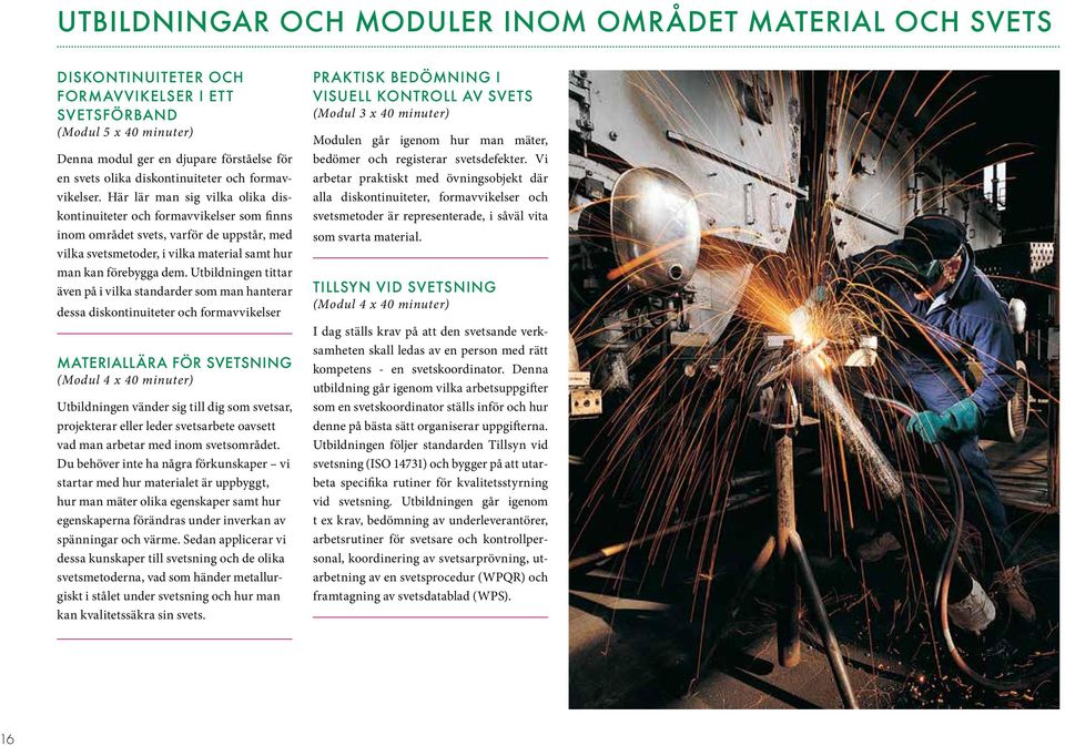 Här lär man sig vilka olika diskontinuiteter och formavvikelser som finns inom området svets, varför de uppstår, med vilka svetsmetoder, i vilka material samt hur man kan förebygga dem.
