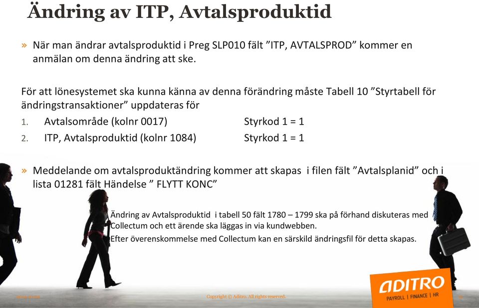 ITP, Avtalsproduktid (kolnr 1084) Styrkod 1 = 1» Meddelande om avtalsproduktändring kommer att skapas i filen fält Avtalsplanid och i lista 01281 fält Händelse FLYTT KONC Ändring av