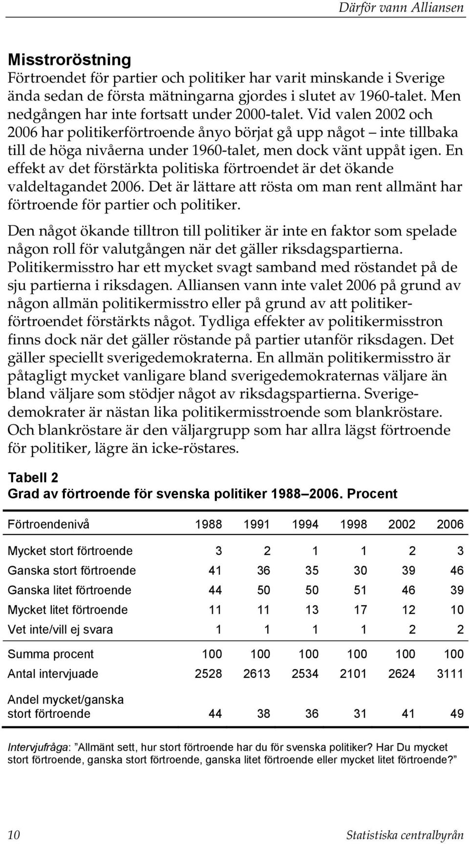 En effekt av det förstärkta politiska förtroendet är det ökande valdeltagandet 2006. Det är lättare att rösta om man rent allmänt har förtroende för partier och politiker.