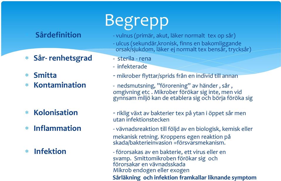 Mikrober förökar sig inte, men vid gynnsam miljö kan de etablera sig och börja föröka sig Kolonisation Inflammation Infektion - riklig växt av bakterier tex på ytan i öppet sår men utan