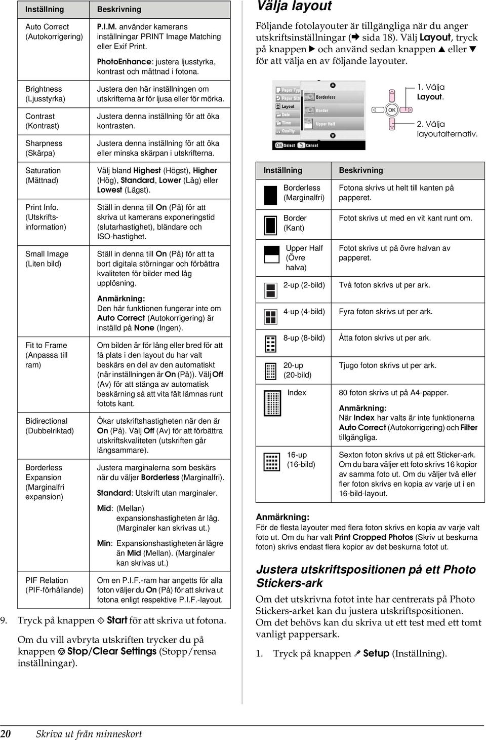 Justera denna inställning för att öka eller minska skärpan i utskrifterna. Välja layout Följande fotolayouter är tillgängliga när du anger utskriftsinställningar (& sida 18).