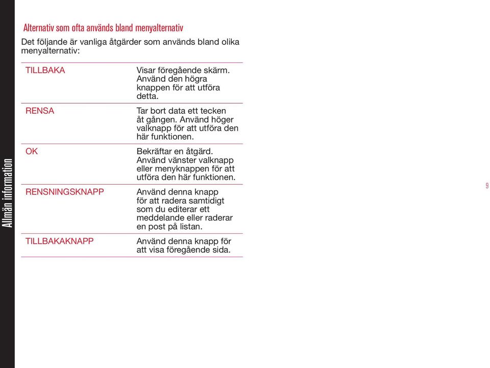 Allmän information OK RENSNINGSKNAPP Bekräftar en åtgärd. Använd vänster valknapp eller menyknappen för att utföra den här funktionen.