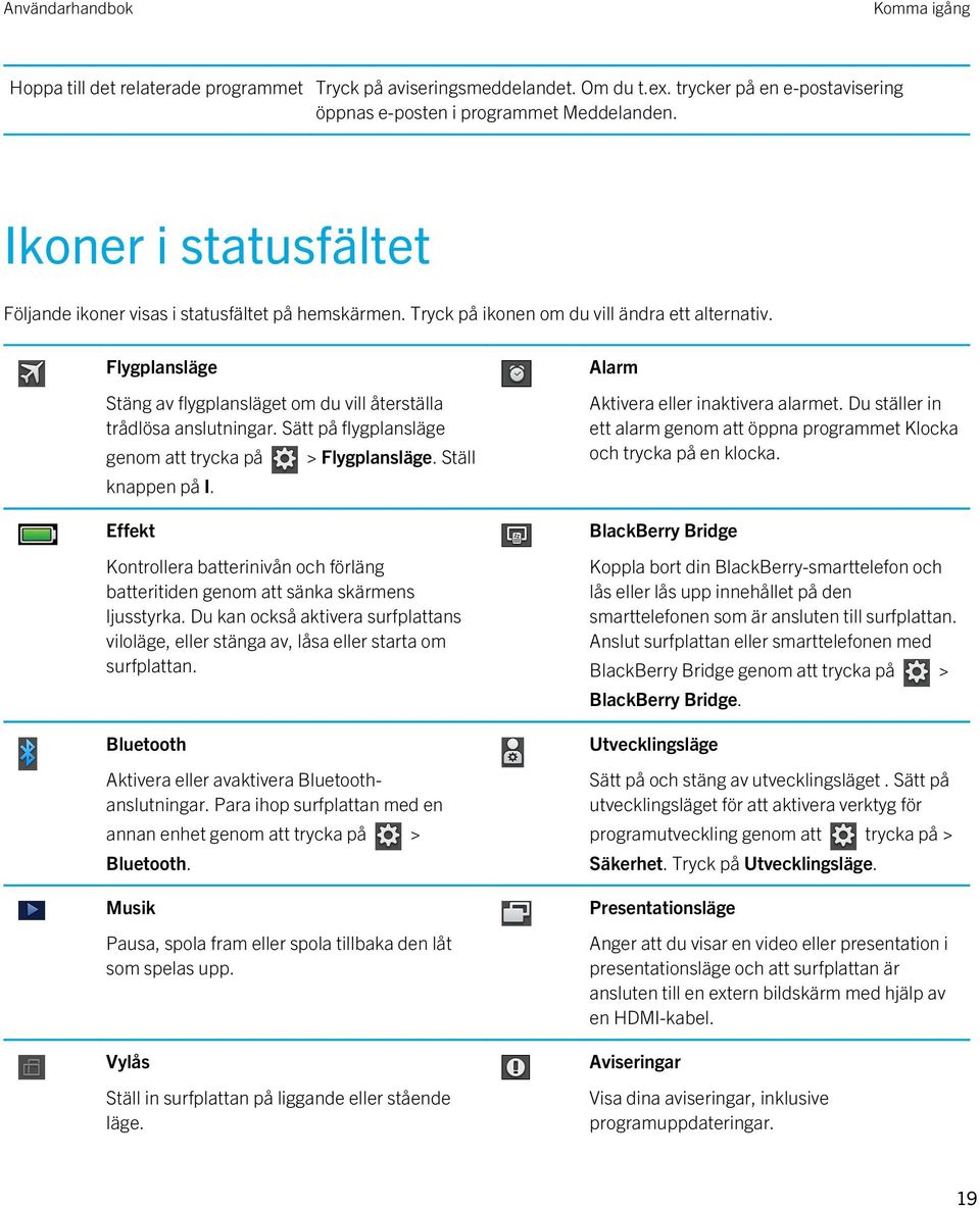 Flygplansläge Stäng av flygplansläget om du vill återställa trådlösa anslutningar. Sätt på flygplansläge genom att trycka på knappen på I. Effekt > Flygplansläge.