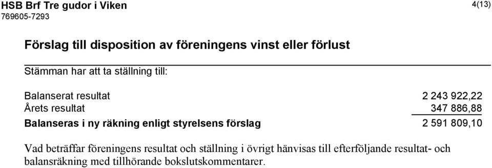 ny räkning enligt styrelsens förslag 2 591 809,10 Vad beträffar föreningens resultat och ställning