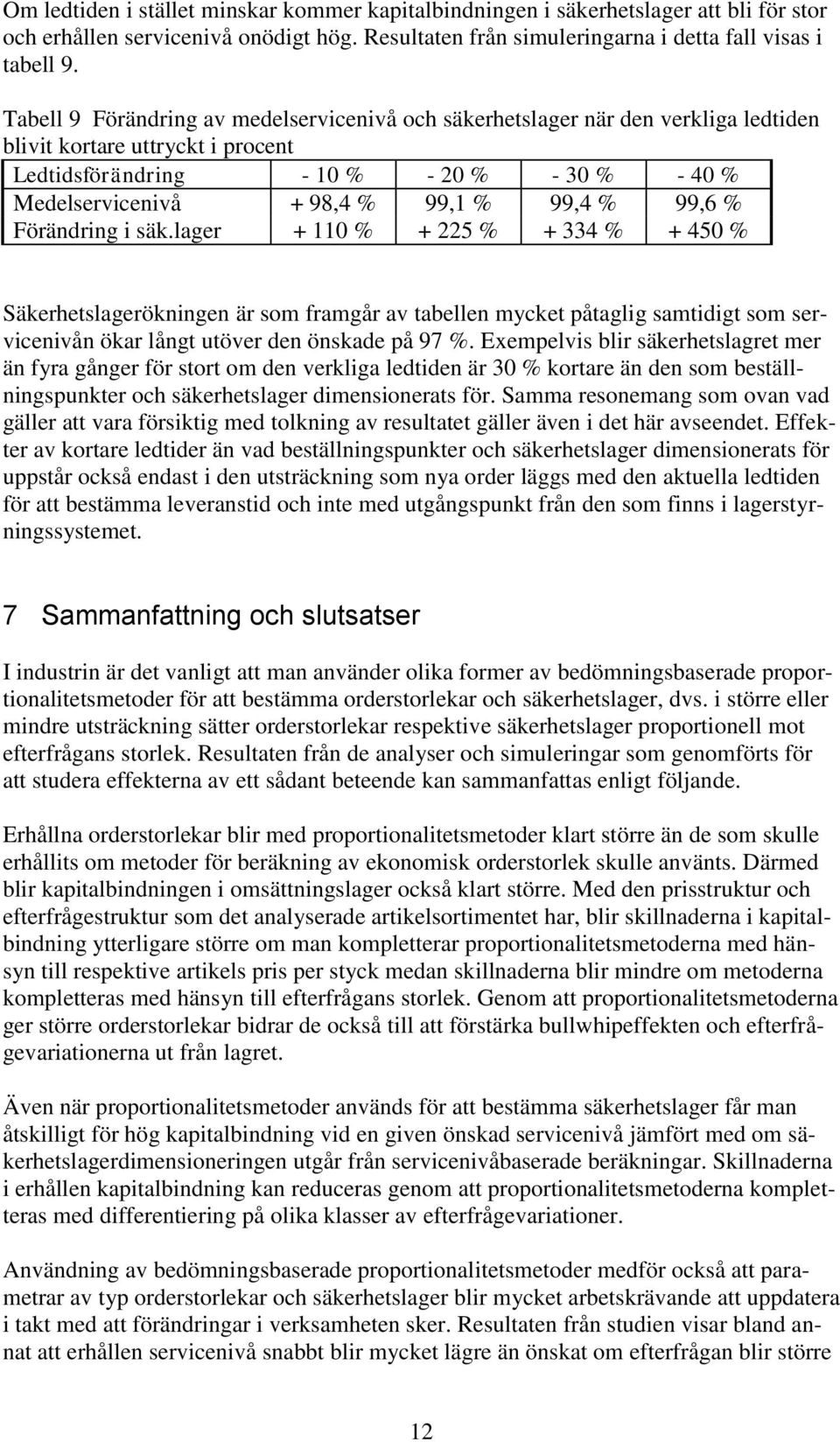 99,4 % 99,6 % Förändring i säk.lager + 110 % + 225 % + 334 % + 450 % Säkerhetslagerökningen är som framgår av tabellen mycket påtaglig samtidigt som servicenivån ökar långt utöver den önskade på 97 %.