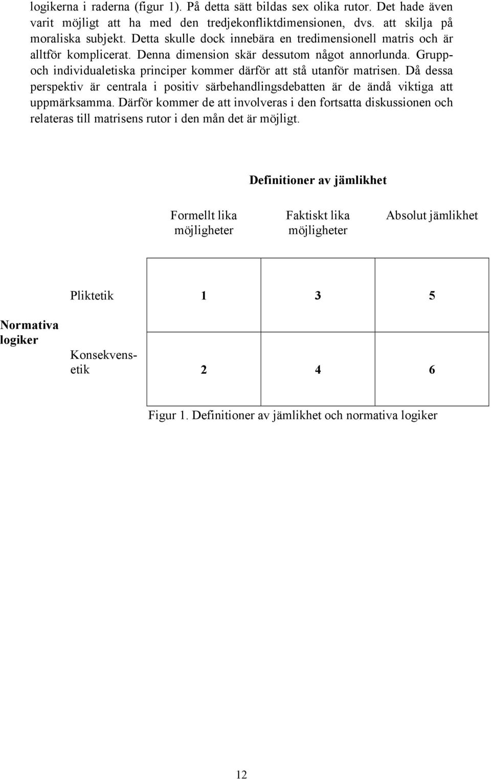 Gruppoch individualetiska principer kommer därför att stå utanför matrisen. Då dessa perspektiv är centrala i positiv särbehandlingsdebatten är de ändå viktiga att uppmärksamma.