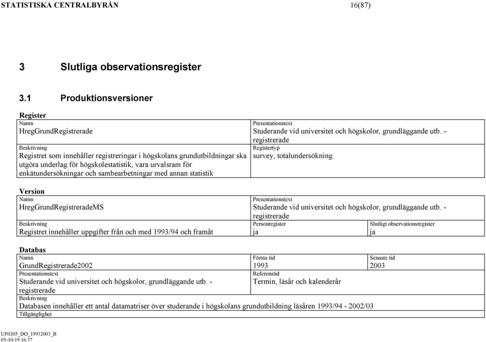 för enkätundersökningar och sambearbetningar med annan statistik Version Namn HregGrundRegistreradeMS Beskrivning Registret innehåller uppgifter från och med 1993/94 och framåt Presentationstext