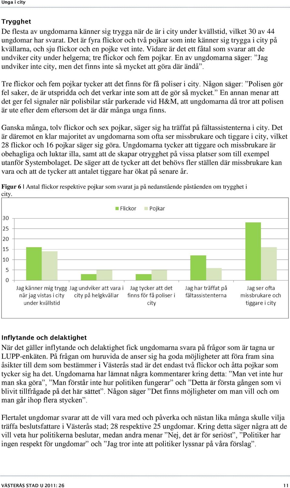 Vidare är det ett fåtal som svarar att de undviker city under helgerna; tre flickor och fem pojkar. En av ungdomarna säger: Jag undviker inte city, men det finns inte så mycket att göra där ändå.