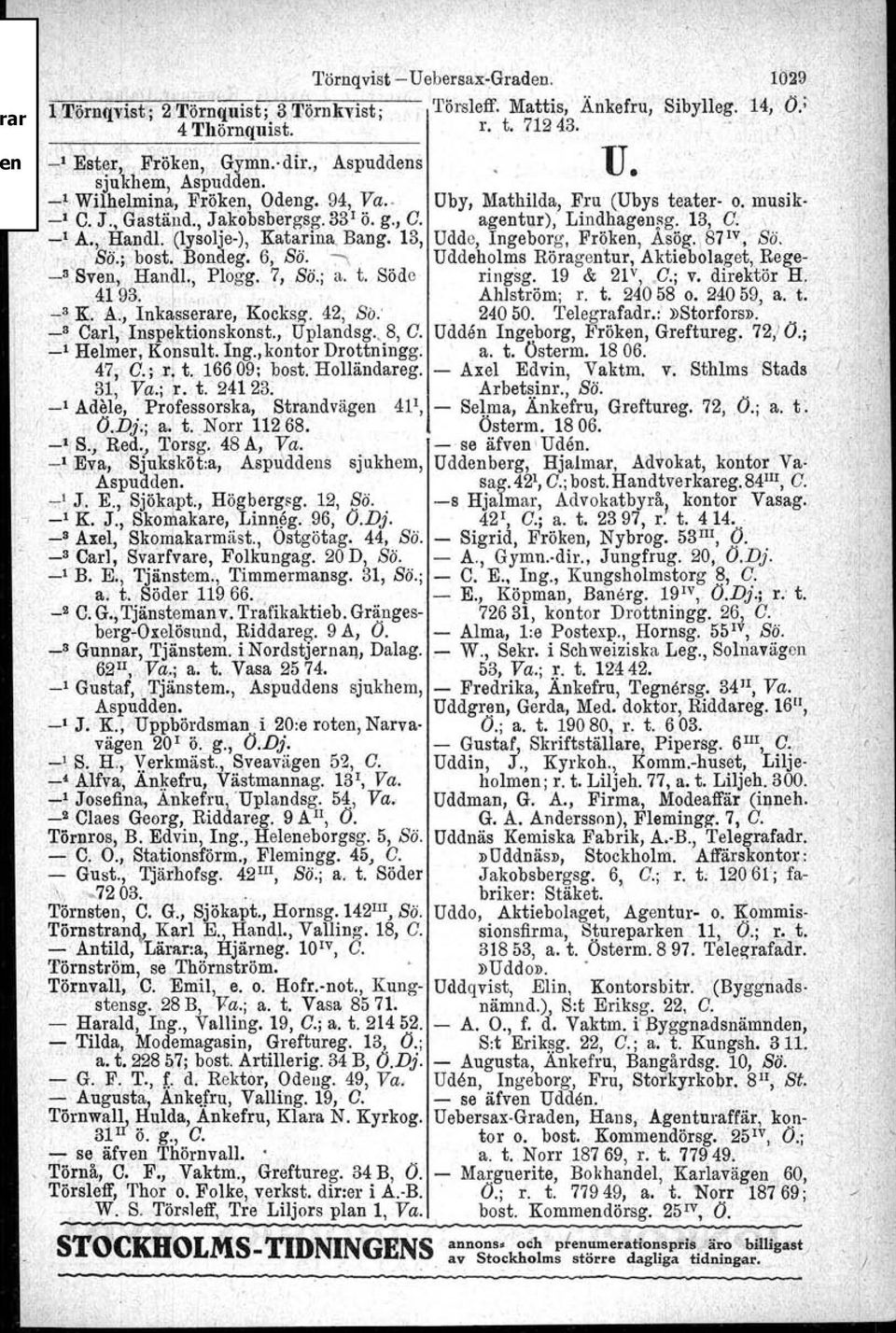 '" \ ; ~: A\"~amU'I(lysolje-), Kata:riiJ.a.Bang. 13, Udde, Ingeborg, Fröken, Asög.,8Fv, Sö.. So.;; bost.. Bondeg. 6, ss. 7"'1 Uddeholms Röragentur, Aktiebolaget, Rege-: -s'svim,.han.~l., Plagg. 7, S.