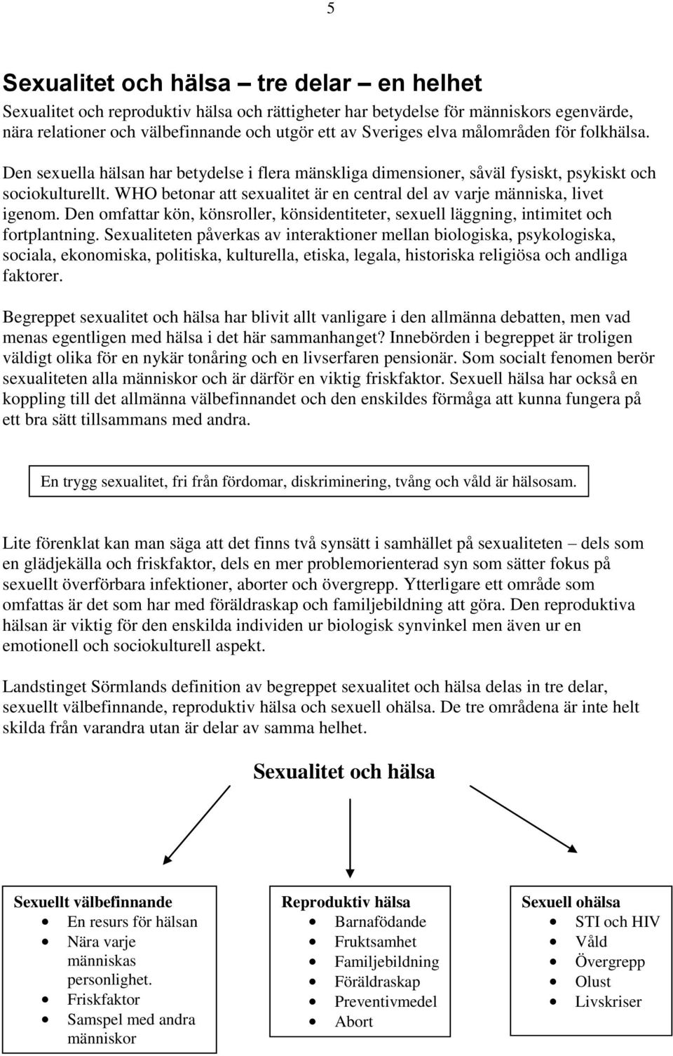 WHO betonar att sexualitet är en central del av varje människa, livet igenom. Den omfattar kön, könsroller, könsidentiteter, sexuell läggning, intimitet och fortplantning.