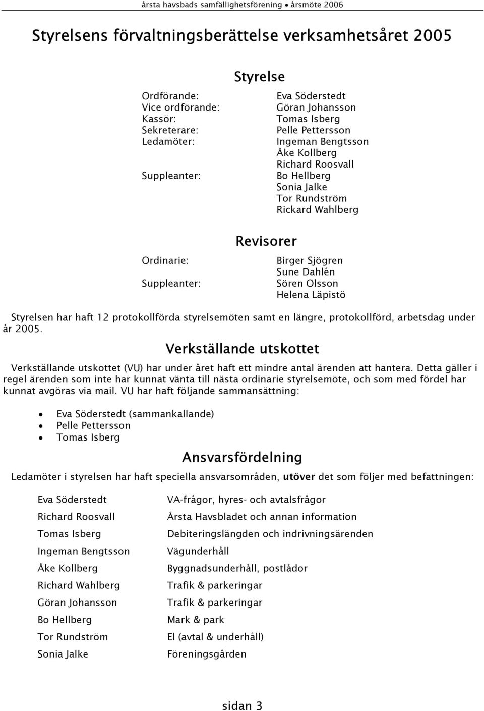 Birger Sjögren Sune Dahlén Sören Olsson Helena Läpistö Styrelsen har haft 12 protokollförda styrelsemöten samt en längre, protokollförd, arbetsdag under år 2005.