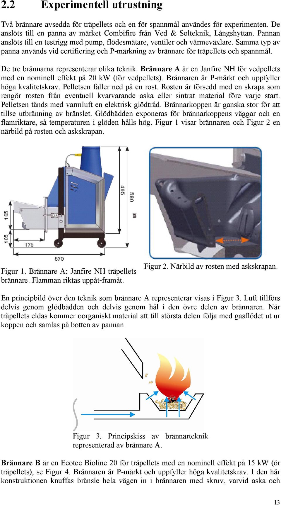 De tre brännarna representerar olika teknik. Brännare A är en Janfire NH för vedpellets med en nominell effekt på 2 kw (för vedpellets). Brännaren är P-märkt och uppfyller höga kvalitetskrav.