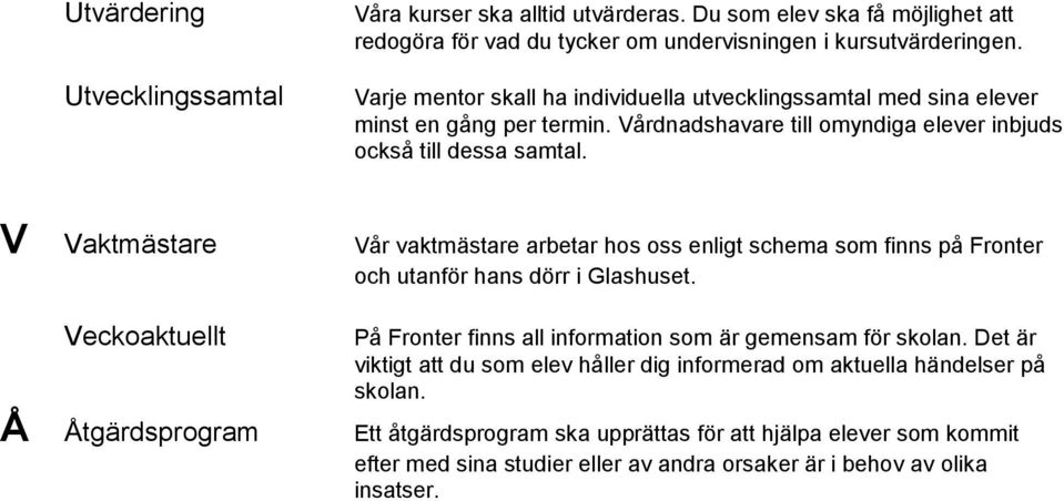 V Vaktmästare Vår vaktmästare arbetar hos oss enligt schema som finns på Fronter och utanför hans dörr i Glashuset. Veckoaktuellt På Fronter finns all information som är gemensam för skolan.