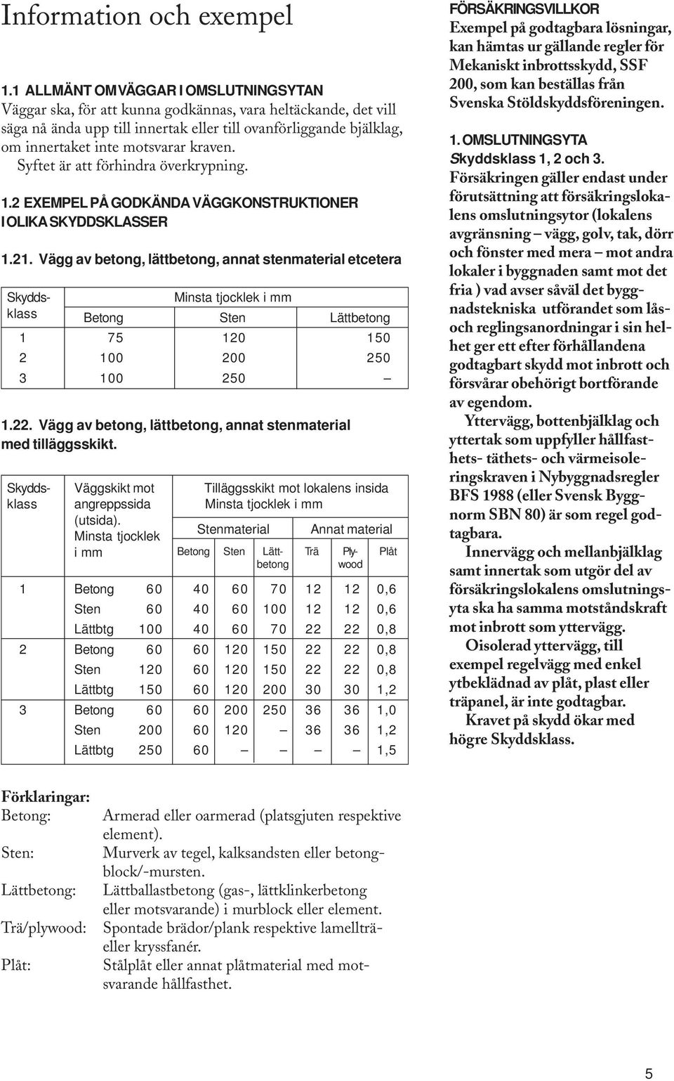 kraven. Syftet är att förhindra överkrypning. 1.2 EXEMPEL PÅ GODKÄNDA VÄGGKONSTRUKTIONER I OLIKA SKYDDSKLASSER 1.21.