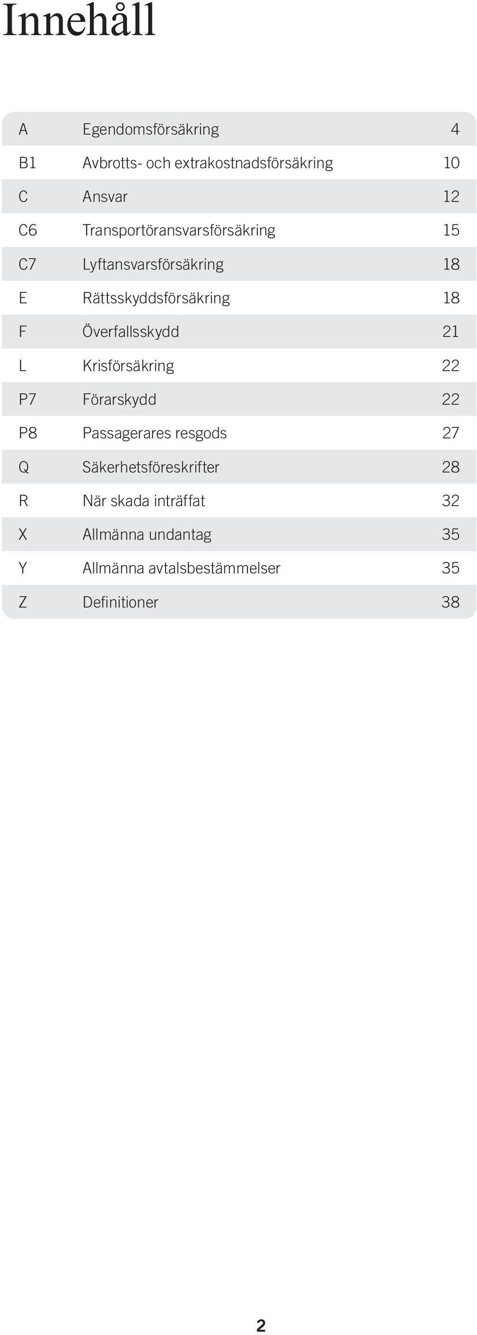 Överfallsskydd 21 L Krisförsäkring 22 P7 Förarskydd 22 P8 Passagerares resgods 27 Q