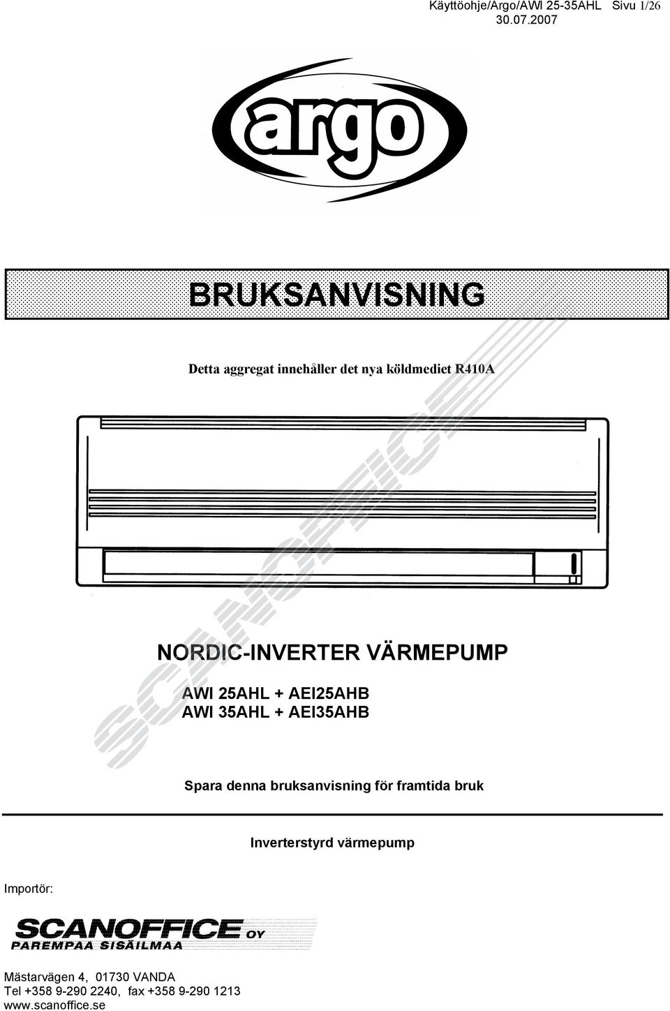 AEI35AHB Spara denna bruksanvisning för framtida bruk Inverterstyrd värmepump