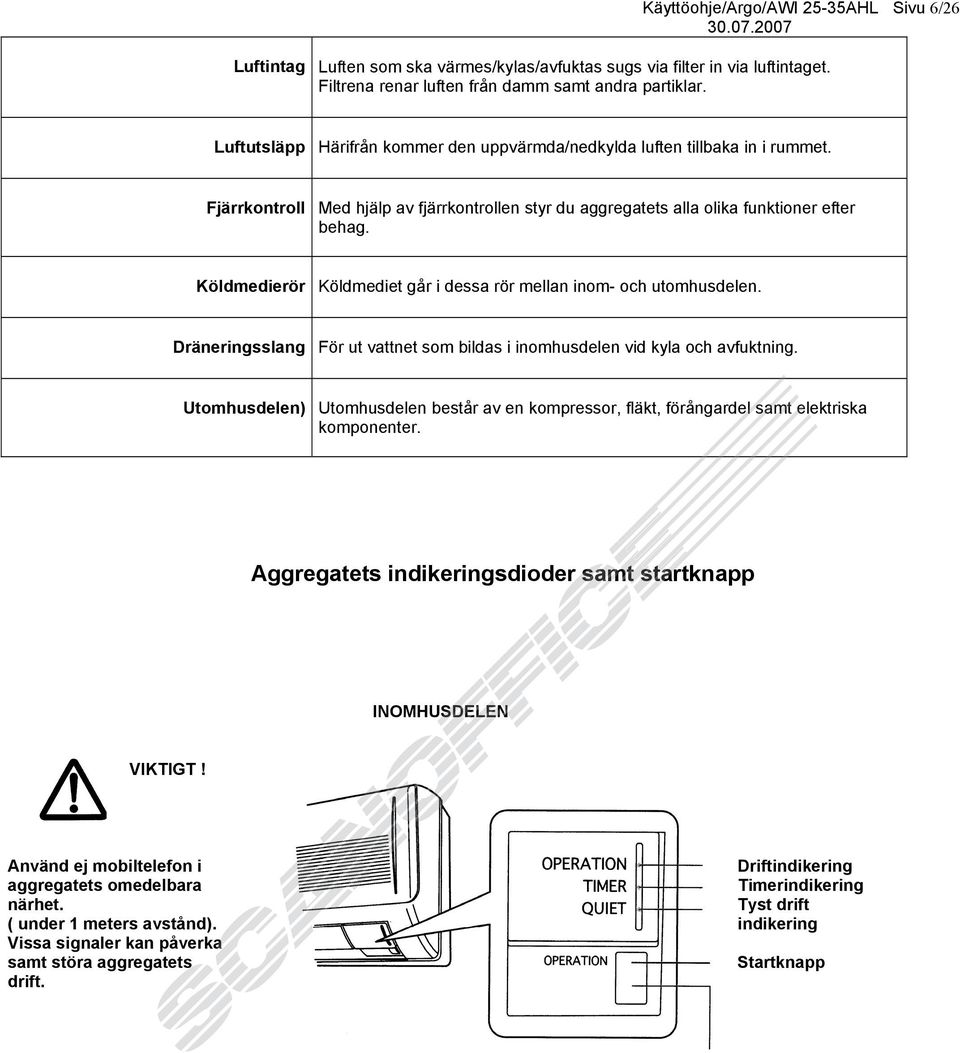 Köldmedierör Köldmediet går i dessa rör mellan inom- och utomhusdelen. Dräneringsslang För ut vattnet som bildas i inomhusdelen vid kyla och avfuktning.