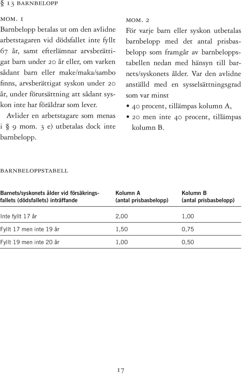 För varje barn eller syskon utbetalas barnbelopp med det antal prisbasbelopp som framgår av barnbeloppstabellen nedan med hänsyn till barnets/syskonets ålder.