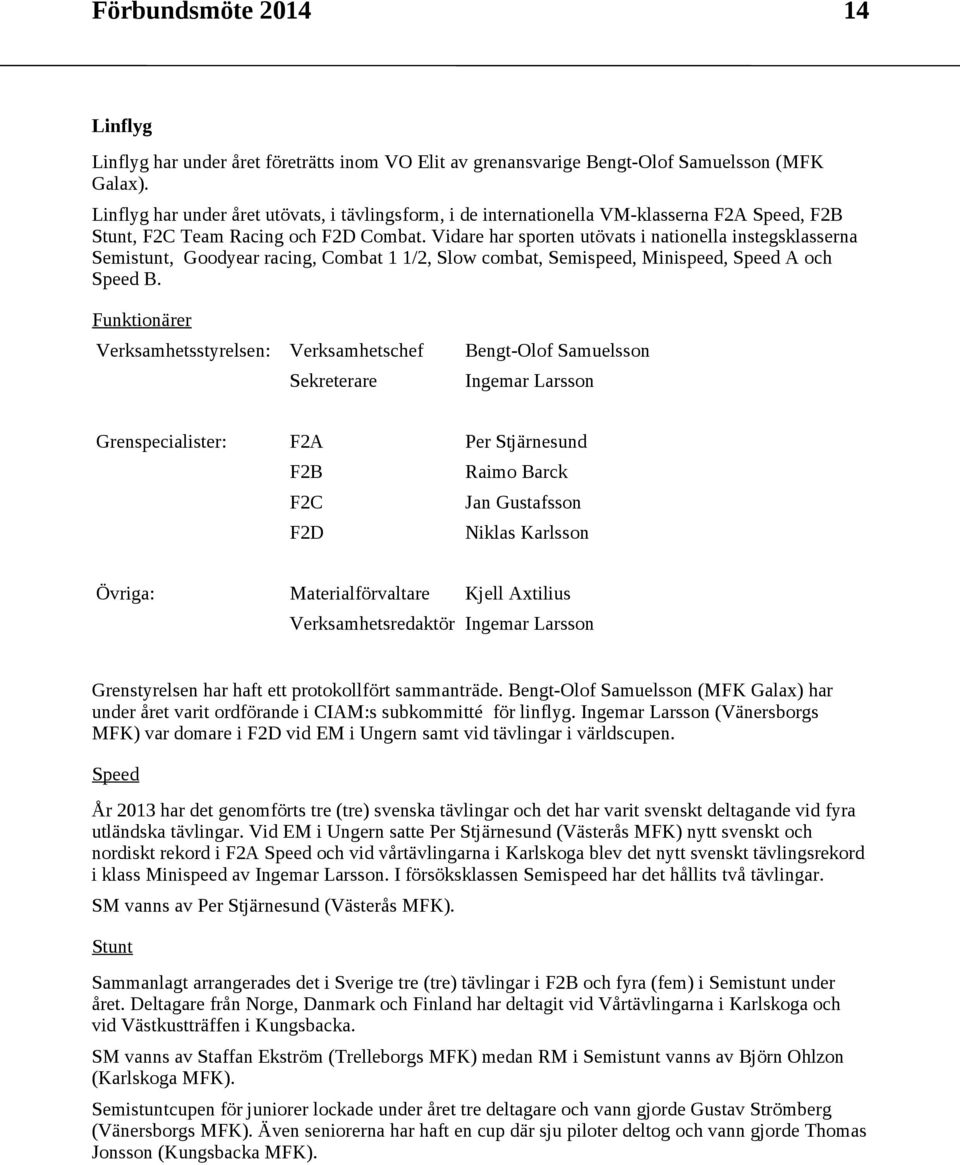 Vidare har sporten utövats i nationella instegsklasserna Semistunt, Goodyear racing, Combat 1 1/2, Slow combat, Semispeed, Minispeed, Speed A och Speed B.