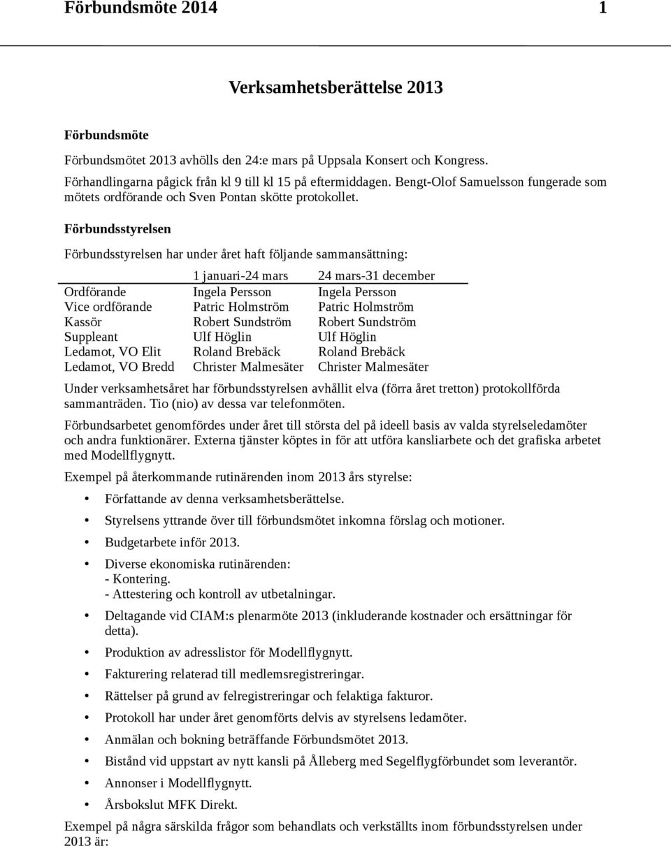 Förbundsstyrelsen Förbundsstyrelsen har under året haft följande sammansättning: 1 januari-24 mars 24 mars-31 december Ordförande Ingela Persson Ingela Persson Vice ordförande Patric Holmström Patric