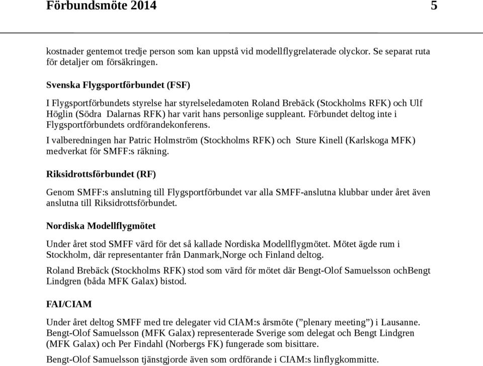 Förbundet deltog inte i Flygsportförbundets ordförandekonferens. I valberedningen har Patric Holmström (Stockholms RFK) och Sture Kinell (Karlskoga MFK) medverkat för SMFF:s räkning.