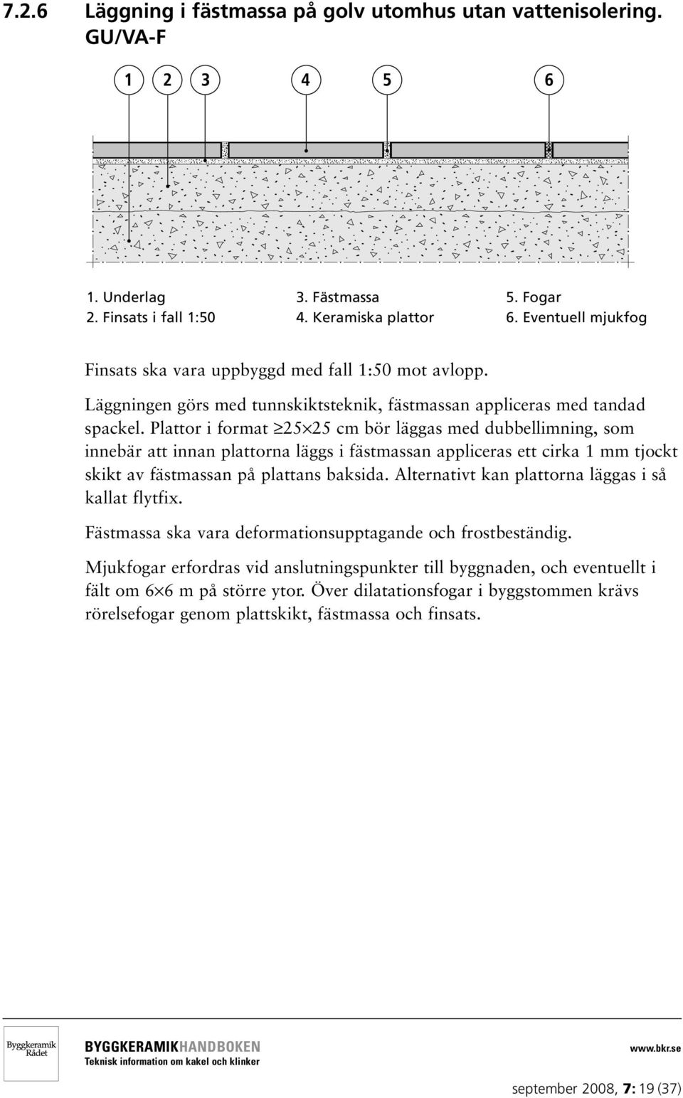 Plattor i format 25 25 cm bör läggas med dubbellimning, som innebär att innan plattorna läggs i fästmassan appliceras ett cirka 1 mm tjockt skikt av fästmassan på plattans baksida.