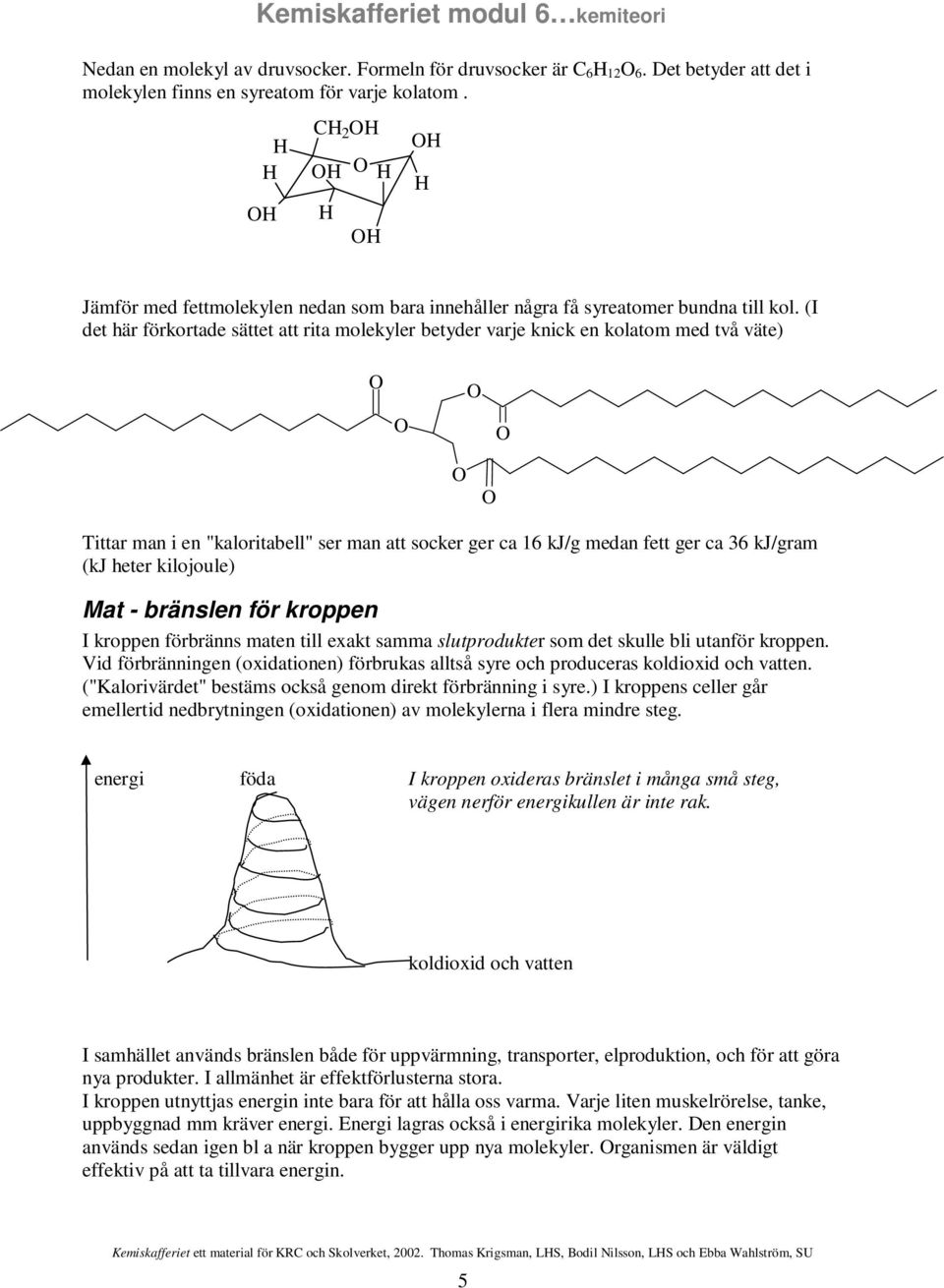 (I det här förkortade sättet att rita molekyler betyder varje knick en kolatom med två väte) Tittar man i en "kaloritabell" ser man att socker ger ca 16 kj/g medan fett ger ca 36 kj/gram (kj heter