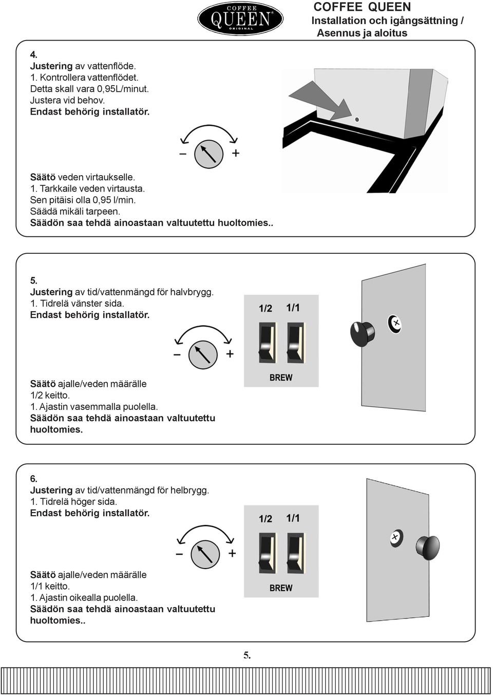 Justering av tid/vattenmängd för halvbrygg. 1. Tidrelä vänster sida. Endast behörig installatör. Säätö ajalle/veden määrälle 1/2 keitto. 1. Ajastin vasemmalla puolella.