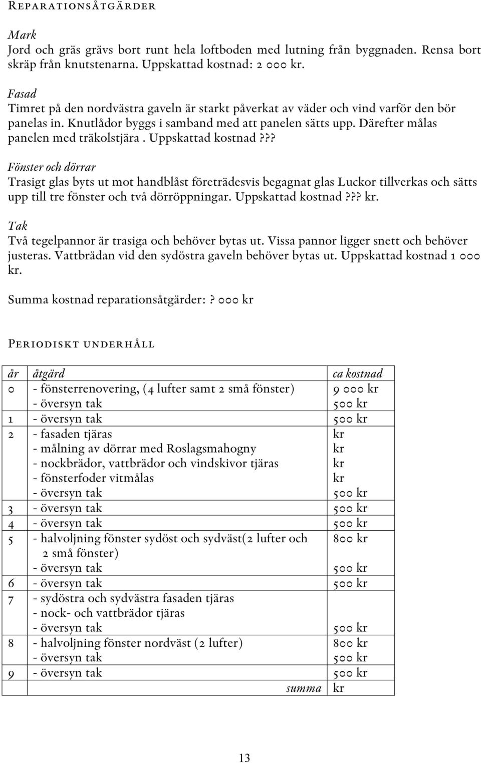 Uppskattad kostnad??? Fönster och dörrar Trasigt glas byts ut mot handblåst företrädesvis begagnat glas Luckor tillverkas och sätts upp till tre fönster och två dörröppningar. Uppskattad kostnad??? kr.