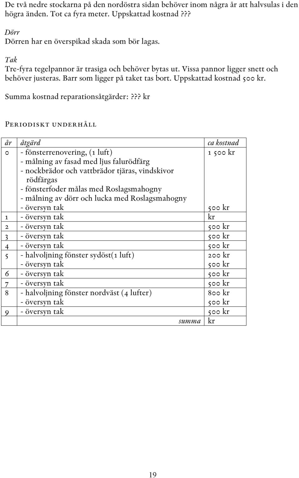 Summa kostnad reparationsåtgärder:?