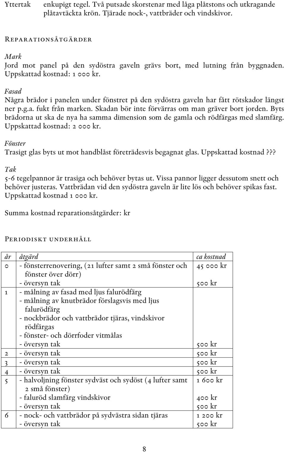 Fasad Några brädor i panelen under fönstret på den sydöstra gaveln har fått rötskador längst ner p.g.a. fukt från marken. Skadan bör inte förvärras om man gräver bort jorden.