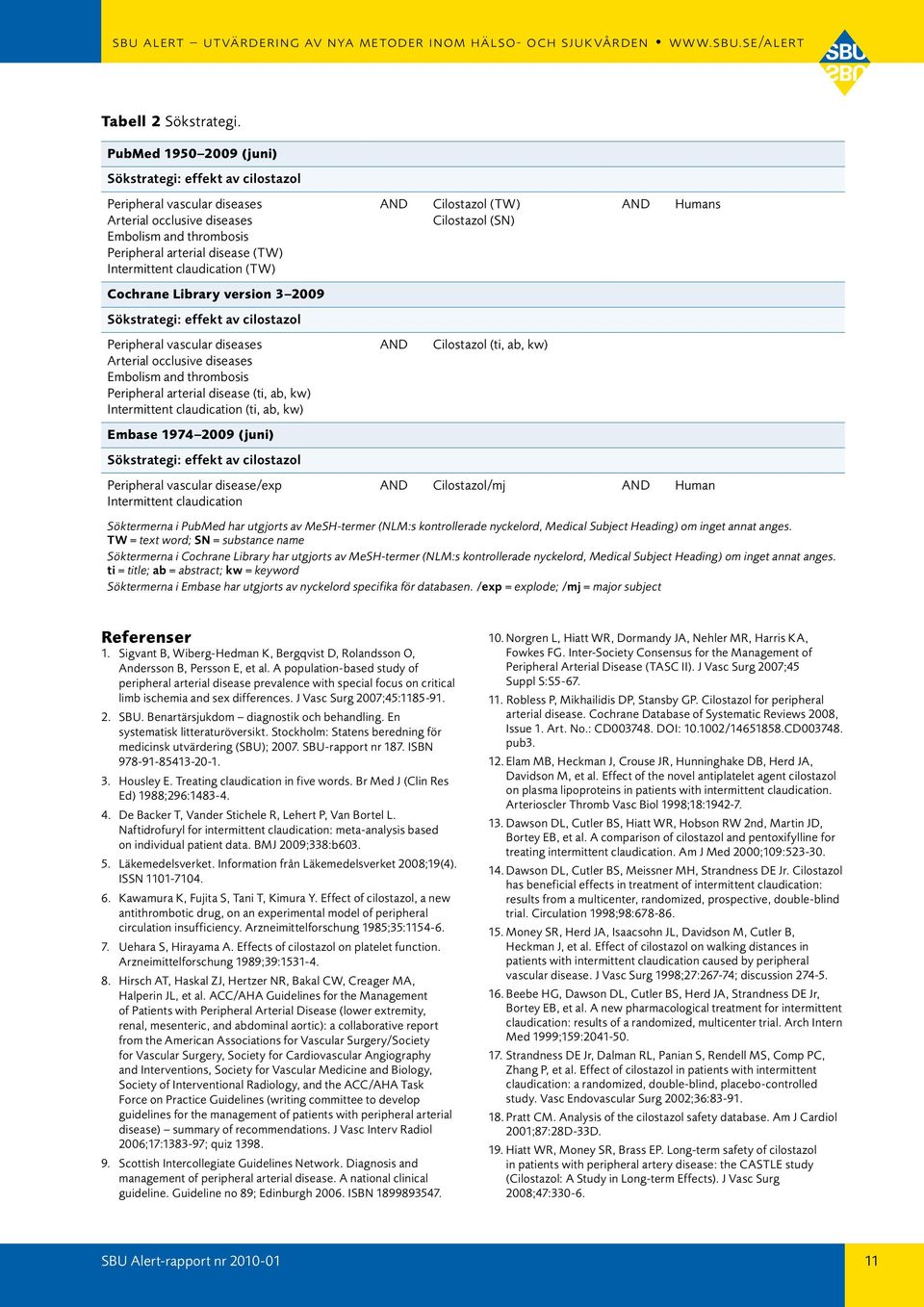 (TW) AND Cilostazol (TW) Cilostazol (SN) AND Humans Cochrane Library version 3 2009 Sökstrategi: effekt av cilostazol Peripheral vascular diseases Arterial occlusive diseases Embolism and thrombosis