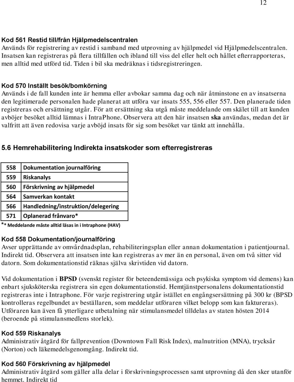 Kod 570 Inställt besök/bomkörning Används i de fall kunden inte är hemma eller avbokar samma dag och när åtminstone en av insatserna den legitimerade personalen hade planerat att utföra var insats